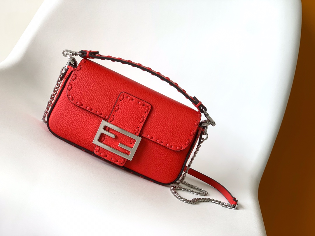 Fendi Mini Baguette Selleria With 309 Hand-sewn Topstitches Shoulder Bag Red